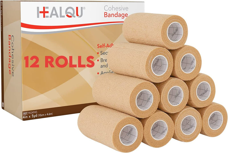 HEALQU Self Adhesive Bandage Wrap – 2" X 5Yd Cohesive Tape for Athletic & Sports - Self Adherent Medical Tape, Flexible, Waterproof Elastic Bandages for Wrist & Ankle Vet Wrap for Dogs (Box of 12) Sporting Goods > Outdoor Recreation > Winter Sports & Activities Healqu 4" Box of 12  