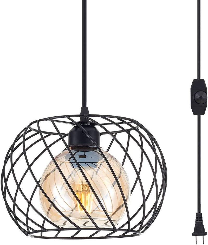 YLONG-ZS Hanging Lamps Swag Lights Plug in Pendant Light with On/Off Switch Wire Caged Hanging Pendant Lamp,Bronze Finish with Amber Glass Inner Shade Home & Garden > Lighting > Lighting Fixtures YLONG-ZS Yl17b-black  