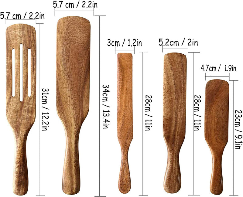 ORYOUGO Set of 5 Wooden Cooking Utensils with Long Handle Natural Acacia Wood Spurtles Spatula Square Head Scraper Kitchen Tool Non-Stick Cookware Home & Garden > Kitchen & Dining > Kitchen Tools & Utensils ORYOUGO   