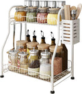 Spice Rack with Cutlery Storage Rack, 2-Tier Kitchen Organizer for Can Sauce Jars Bottle (White, Steel) Home & Garden > Decor > Decorative Jars junyuan white-913  
