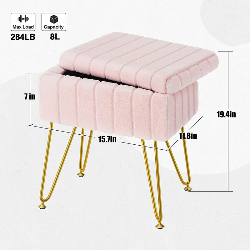 Greenstell Vanity Stool Chair Faux Fur with Storage, H:19.7" X L:15.7" W:11" Soft Ottoman 4 Metal Legs with Anti-Slip Feet, Furry Padded Seat, Modern Multifunctional Chairs for Makeup, Bedroom Pink