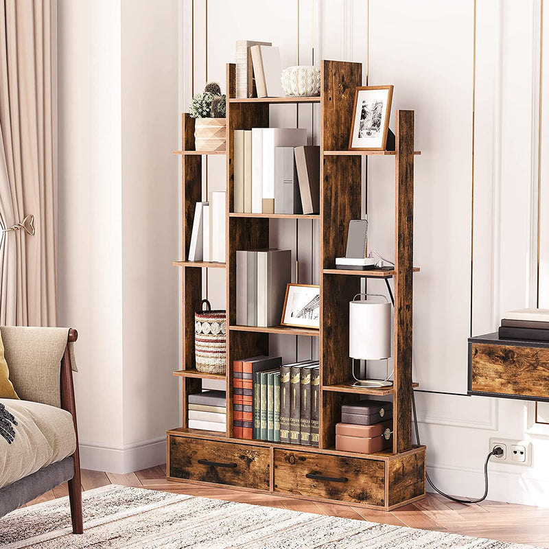 HOOBRO Bookshelf, Bookcase with Charging Station and 2 Drawers Storage, Rustic Tree Shaped Wooden Bookshelves with 12 Storage Shelves, for Bedroom, Home Office, Living Room, BF140USJ01 Home & Garden > Household Supplies > Storage & Organization HOOBRO   