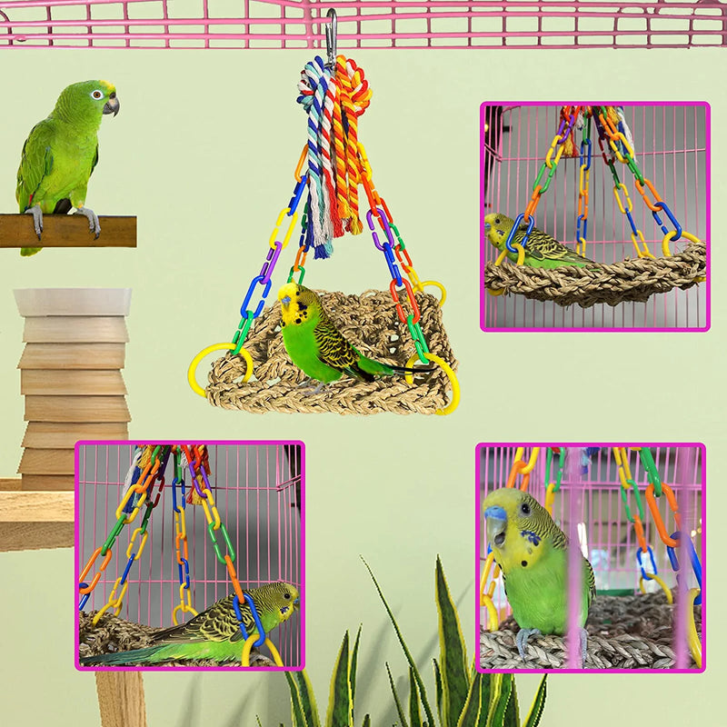Bird Foraging Cage Toy, Seagrass Woven Climbing Hammock Swing Mat with Colorful Chewing Rope Toys, Suit for Lovebirds, Finch, Parakeets, Conure, Cockatiel Animals & Pet Supplies > Pet Supplies > Bird Supplies > Bird Toys matafat   