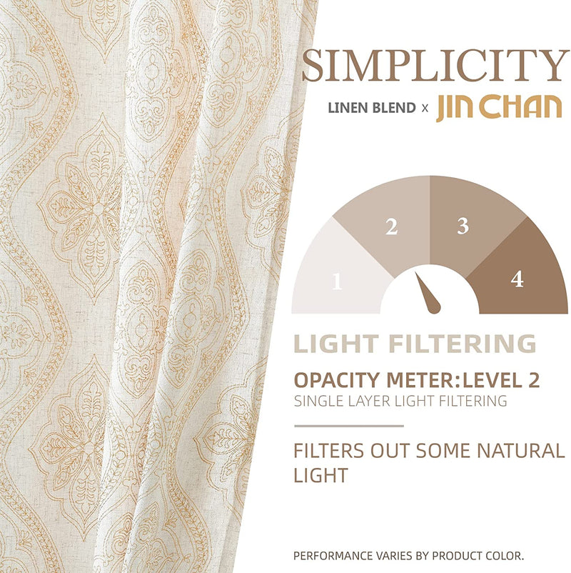 Linen Textured Curtains for Living Room Embroidered Design Window Curtains Light Filtering Flax Linen Look Window Treatment Set for Bedroom Grommet Top 2 Panels 96 Inch Length Gold Home & Garden > Decor > Window Treatments > Curtains & Drapes jinchan   