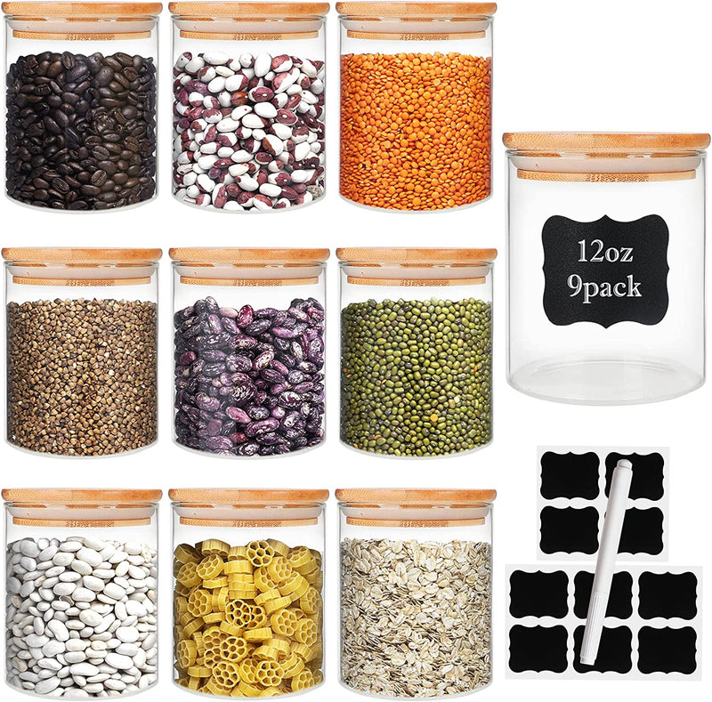 Glass Food Storage Containers Jars with Airtight Bamboo Lid 30Oz 8Pcs, 890Ml Pantry Organization Jar, Glass Terrarium with Lid, Spice, Tea, Flour and Sugar Container, Canister Set for Kitchen Counter Home & Garden > Decor > Decorative Jars DHSBTLS 12 oz/340ml (9 pcs)  
