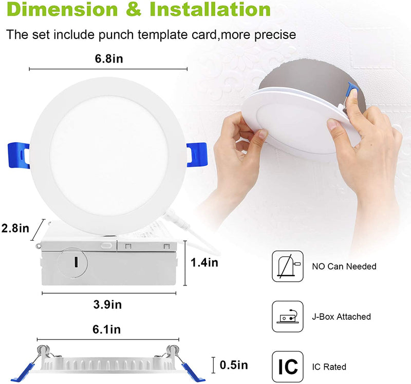 VOLISUN 12 Pack 6 Inch Led Recessed Ceiling Light with Junction Box, 2700K/3000K/3500K/4000K/5000K Selectable, 12W=110W Canless Wafer Downlights, 1050LM Dimmable Retrofit Recessed Lighting, ETL