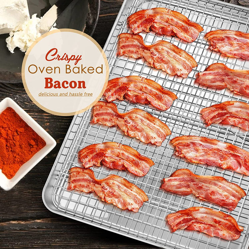 Stainless Steel Baking Sheet with Rack Set, E-Far 16”X12” Cookie Sheet Pan for Oven, Rimmed Metal Tray with Wire Cooling Rack for Cooking Roasting Resting Bacon Meat Steak - Dishwasher Safe