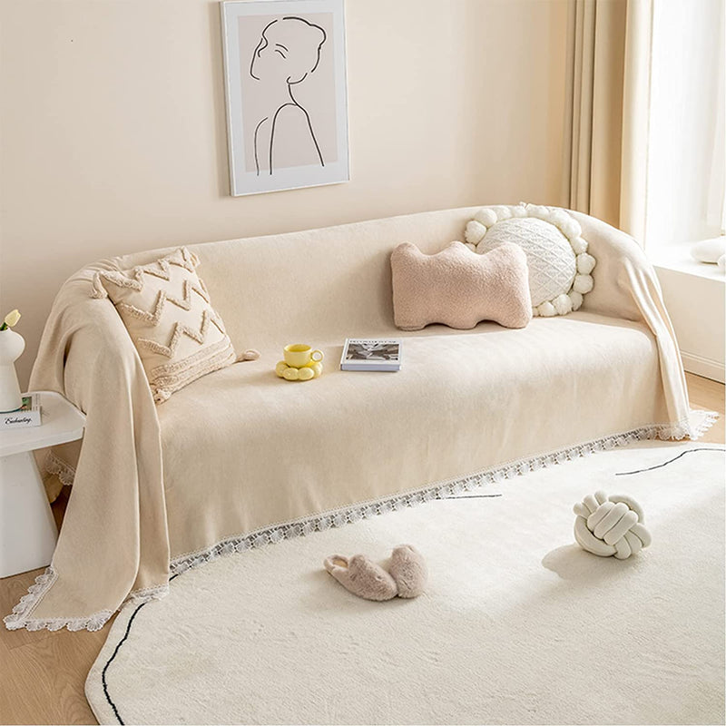EAVD Boho Couch Cover Beige Sectional Couch Cover Durable Chenille Couch Cover with Lace Edge Solid Couch Protectors from Cats Dogs Scratching Sofa Couch Cover for 2 Cushion Couch(71"X118",Beige) Home & Garden > Decor > Chair & Sofa Cushions EAVD   