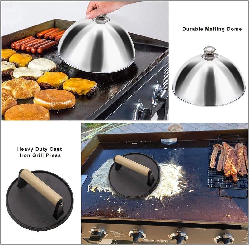 Eazy2Hd Griddle Accessories Flat Top Bacon Press Cast Iron Combo Kit Melting Dome Cooking Tools Hamburger Meat Cheese Panini Basting Cover Outdoor Steelmade Large round Set with Wood Handle