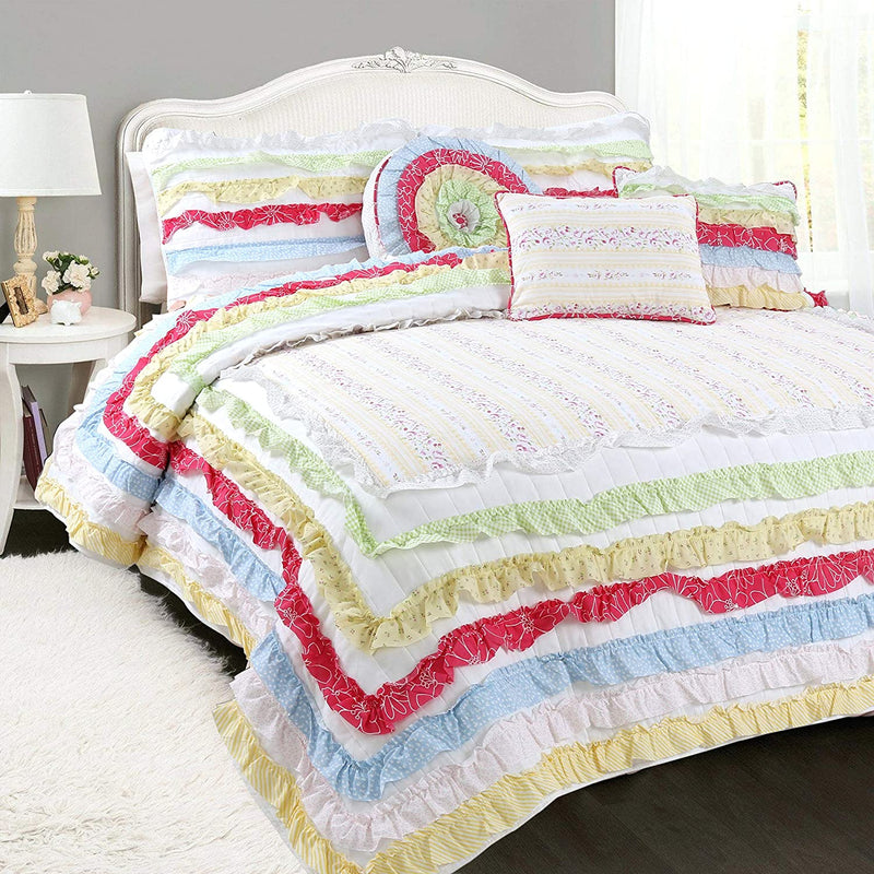Cozy Line Home Fashions Colorful Striped Ruffle Floral 100% Cotton Reversible Girl Quilt Bedding Set, Reversible Coverlet Bedspread (Rainbow, Queen - 3 Piece) Home & Garden > Linens & Bedding > Bedding Cozy Line Home Fashions Rainbow Twin 