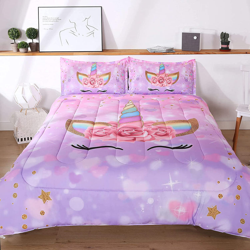 Oecpkd Cute Unicorn Comforter Sets 3Pc Pink Flower Girl Colorful Unicorn Bedding Sets Soft Girls Unicorn Rainbow Comforter Sets Home & Garden > Linens & Bedding > Bedding Oecpkd Purple5 Twin 