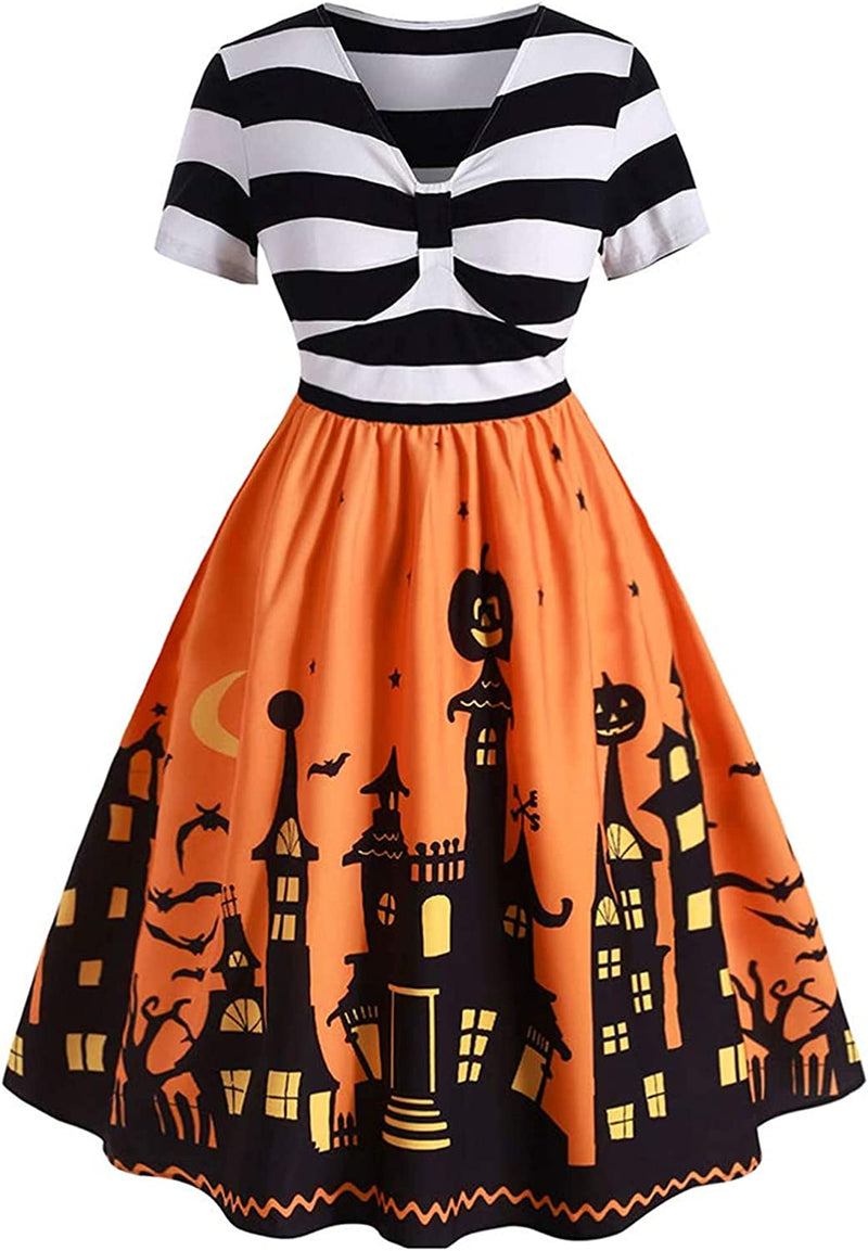 ZEZCLO Women'S plus Size Halloween Dress Funny Striped Pumpkin Halloween Costume Flared Dresses