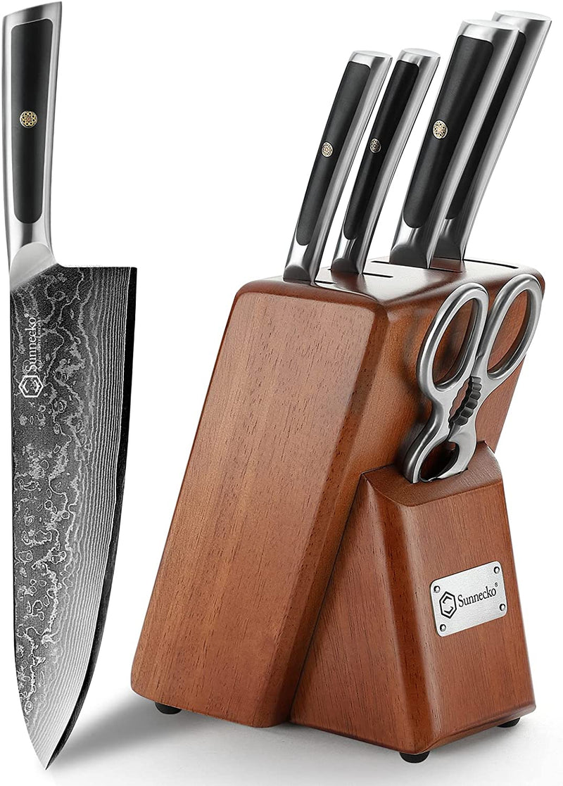 Sunnecko Damascus Kitchen Knife Set,6 PCS Knife Sets for Kitchen with Block,67-Layer Japanese VG10 High Carbon Stainless Steel Blade,Ultra-Sharp,Full Tang Forged,Ergonomic Handle,Shears Included Home & Garden > Kitchen & Dining > Kitchen Tools & Utensils > Kitchen Knives Sunnecko Knife Block Set of 6pcs  