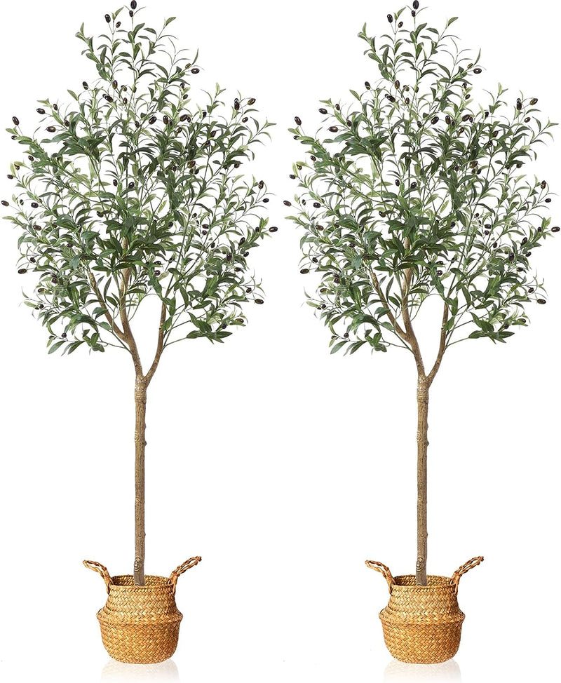 MOSADE Artificial Olive Tree 7 Feet Fake Olive Silk Plant and Handmade Seagrass Basket, Perfect Tall Faux Topiary Silk Tree for Indoor Entryway Modern Decor Home Office Porch Balcony Gift,2Pack  MOSADE 2 6 Feet 