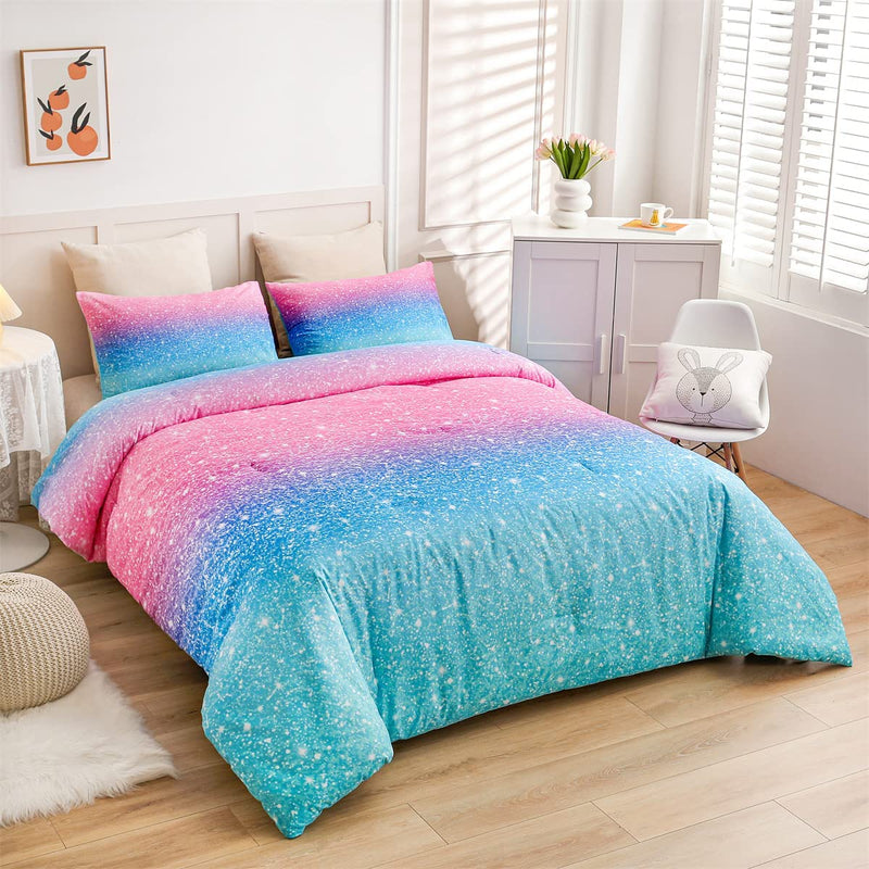 Holawakaka Kids Space Star Glitter Comforter Set Ombre Blue & Purple Print Gradient Bedding Set Full Size (Blue Purple, Full) Home & Garden > Linens & Bedding > Bedding Holawakaka Pink Blue Queen 