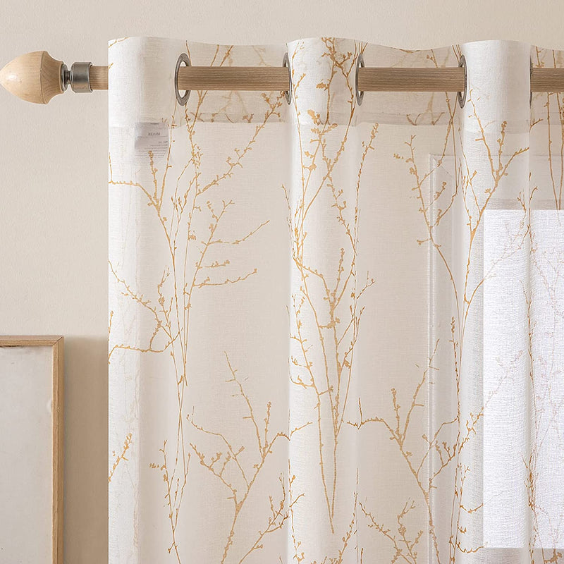 MIULEE Sheer Curtains 84 Inches Long Grommet Top Green Tree Branch White Curtain 2 Panels Window Curtains Tree Pattern for Living Room Home & Garden > Decor > Window Treatments > Curtains & Drapes MIULEE Gold 52"W*63"L 