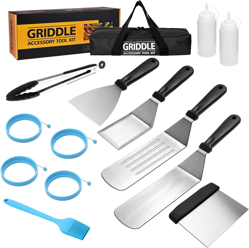 Flat Top Griddle Accessories Set for Blackstone and Camp Chef, Professional Grill Spatula Set with Burger Spatulas Scraper, BBQ Tool Griddle Utensils Kit for Men Outdoor Flattop Grills Cooking (Black) Home & Garden > Kitchen & Dining > Kitchen Tools & Utensils KITOOLBASE   