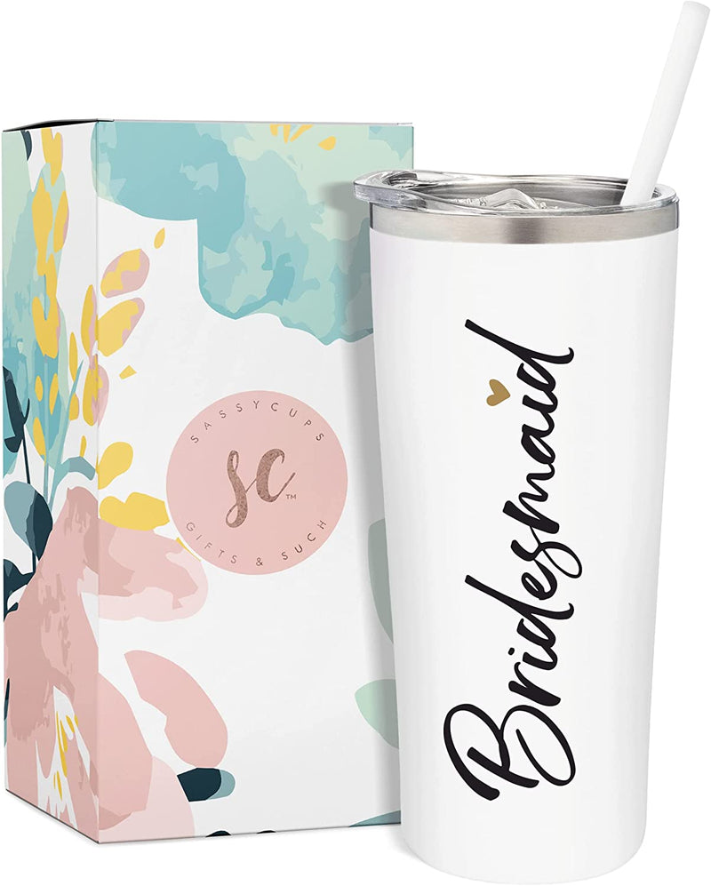 Sassycups Bridesmaid Tumbler | Engraved Vacuum Insulated Stainless Steel Cup with Straw for Bridesmaid Proposal | Will You Be My Bridesmaid | Newly Engaged Travel Mug | Bridal Party (22 Ounce, White) Home & Garden > Kitchen & Dining > Tableware > Drinkware BitzyPop White, Black/Gold  