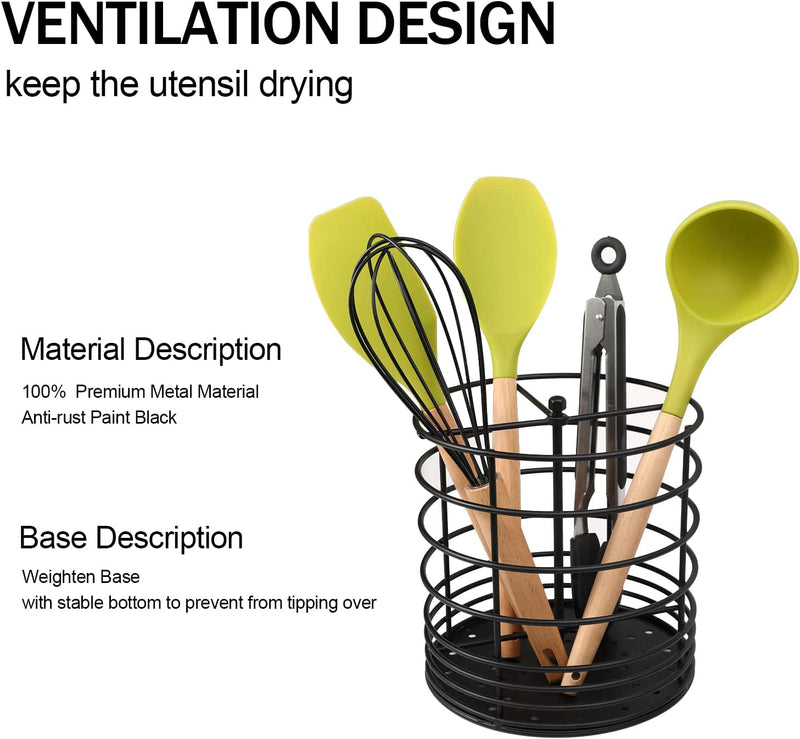 Koluti 360° Rotating Kitchen Utensil Holder Organizer, 7.2" X 7" Extra Large round Cooking Tool Storage Caddy, Weighted Base with Drain Hole, Wire Metal Flatware Crock for Countertop, Paint Black Home & Garden > Kitchen & Dining > Kitchen Tools & Utensils KOLUTI   