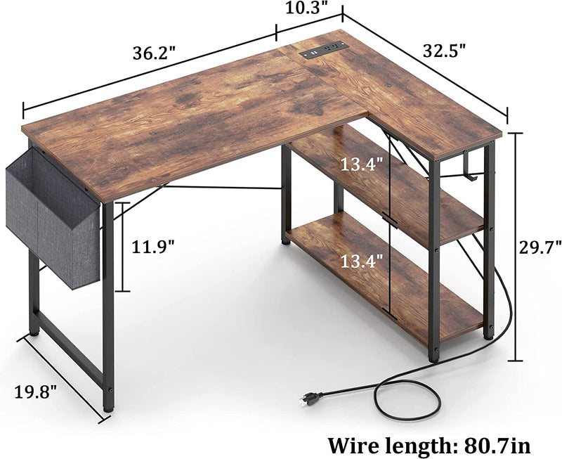 Mr IRONSTONE L Shaped Computer Desk with Power Outlet, Small Corner Home Office Desk for Small Spaces with Storage Shelves, Study Work Writing Desk Table for Workstation with Bag ＆ Hook, Rustic Brown Home & Garden > Household Supplies > Storage & Organization Mr IRONSTONE   