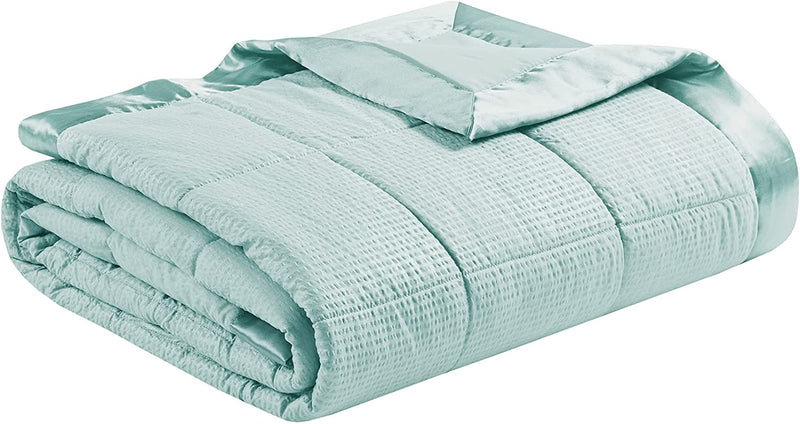 Madison Park Cambria down Alternative Blanket, Premium 3M Scotchgard Stain Release Treatment All Season Lightweight and Soft Cover for Bed with Satin Trim, Oversized Full/Queen, Aqua