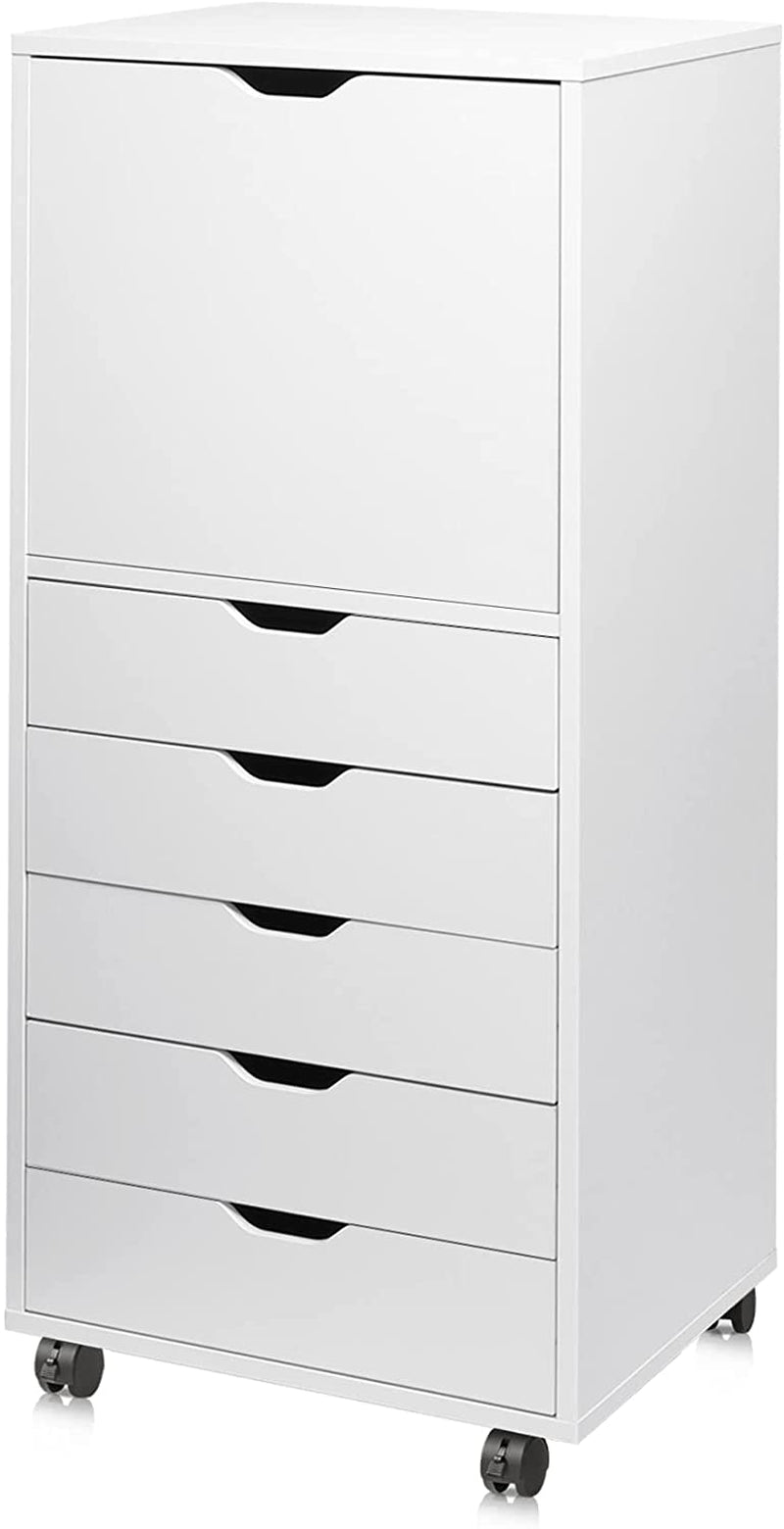 DEVAISE 5-Drawer Wood Dresser Chest with Door, Mobile Storage Cabinet, Printer Stand for Home Office Home & Garden > Household Supplies > Storage & Organization DEVAISE White 15.75"D x 18.7"W x 40.95"H 