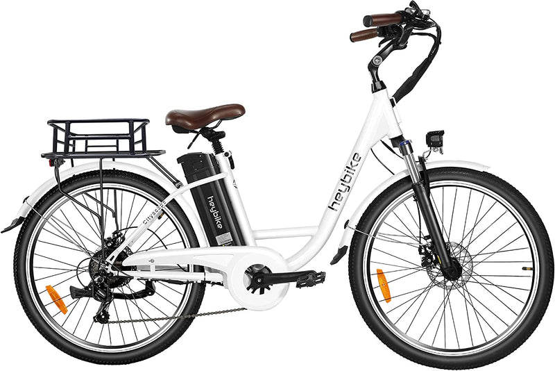 Heybike Cityscape Electric Bike 350W Electric City Cruiser Bicycle up to 40 Miles Removable Battery, Shimano 7-Speed and Dual Shock Absorber, 26" Electric Commuter Bike for Adults Sporting Goods > Outdoor Recreation > Cycling > Bicycles Heybike White With Rear Basket 