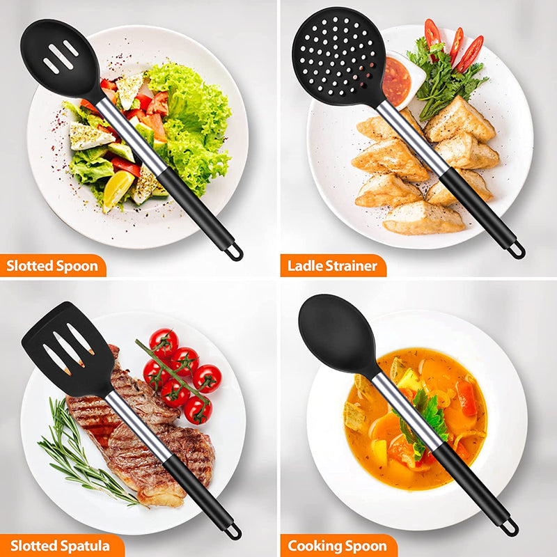 Silicone Cooking Utensil Set, 8Pcs Non-Stick Cookware with Stainless Steel Handle, BPA Free Heat Resistant Kitchen Tools with Spatulas, Turners, Spoons, Skimmer and Pasta Fork Home & Garden > Kitchen & Dining > Kitchen Tools & Utensils BUNDLEPRO   