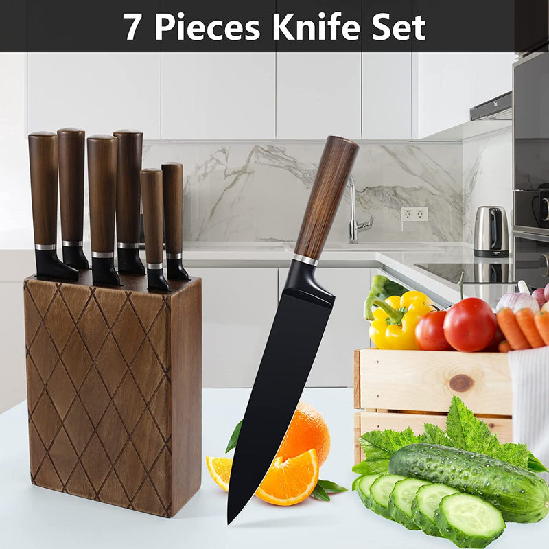 Knife Set, 7 PCS Kitchen Knife Set with Knife Block, Stainless Steel Knife Block Set with Non-Stick Coating Chef Knife, Bread Knife, Paring Knife, Gift