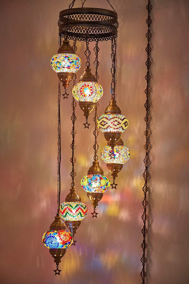 7 Globes Swag Plug in Turkish Moroccan Mosaic Bohemian Tiffany Ceiling Hanging Pendant Light Lamp Chandelier Lighting with 15Feet Cord Chain and Plug, 50" Height (Multicolor) Home & Garden > Lighting > Lighting Fixtures > Chandeliers DEMMEX Multicolor2  