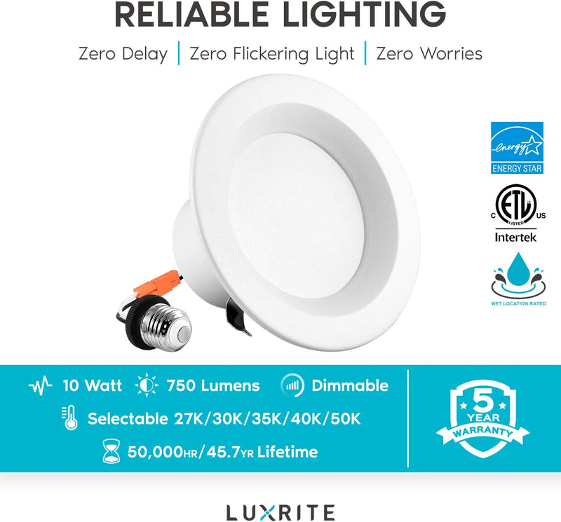 Luxrite 4 Inch LED Recessed Can Lights, 10W=60W, CCT Color Selectable 2700K | 3000K | 3500K | 4000K | 5000K, Dimmable Retrofit Downlights, 750 Lumens, Energy Star, Wet Rated, ETL Listed (4 Pack) Home & Garden > Lighting > Flood & Spot Lights Luxrite   