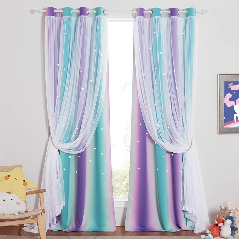 NICETOWN Stars and Moon Hollow-Out Blackout Curtains for Kids Room / Nursery, Grommet Top 2 Layer Window Treatment Curtain Panels for Living Room / Thanksgiving (2-Pack, W52 X L84 Inches, Navy Blue) Home & Garden > Decor > Window Treatments > Curtains & Drapes NICETOWN Teal & Purple W52 x L95 