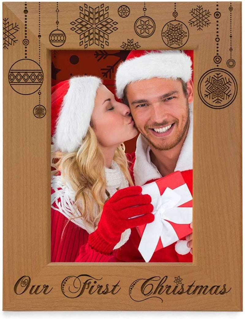 KATE POSH - Our First Christmas Engraved Natural Wood Picture Frame - First Christmas Together Gifts, First Christmas as Husband and Wife, Gifts for Newlyweds, for Couples (4X6-Horizontal)