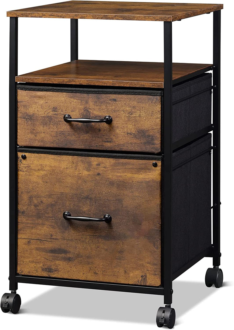 DEVAISE 2 Drawer Mobile File Cabinet, Rolling Printer Stand with Open Storage Shelf, Fabric Vertical Filing Cabinet Fits A4 or Letter Size for Home Office, Dark Grey Home & Garden > Household Supplies > Storage & Organization DEVAISE Rustic brown wood grain print  