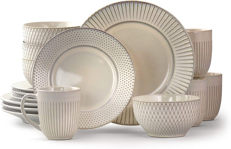Elama Market Finds 16 Piece round Stoneware Dinnerware Set in Embossed White