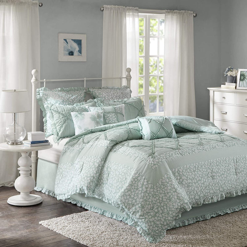 Madison Park 100% Cotton Comforter Set-Modern Cottage Design All Season down Alternative Bedding, Matching Shams, Bedskirt, Decorative Pillows, Queen(90"X90"), Seafoam 9 Piece