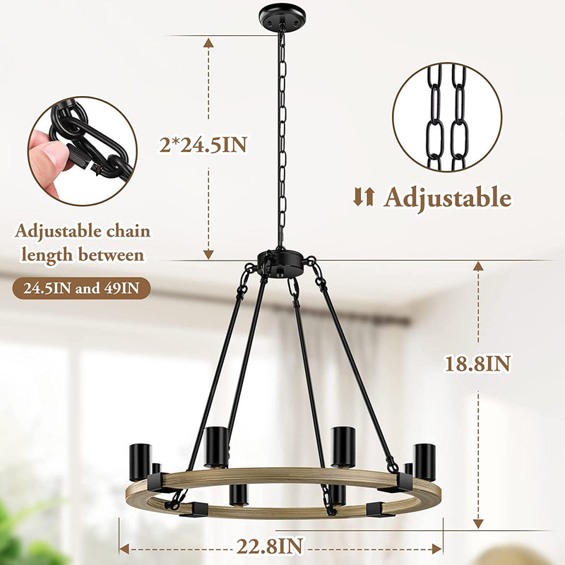 Farmhouse Wagon Wheel Chandelier 8-Light, 22.8'' Industrial Rustic Vintage Hanging Ceiling Lamp, Metal Wood Paint Large round Pendant Light Fixture for Dining Room Living Room Bedroom Kitchen Hallway Home & Garden > Lighting > Lighting Fixtures > Chandeliers GoBright   