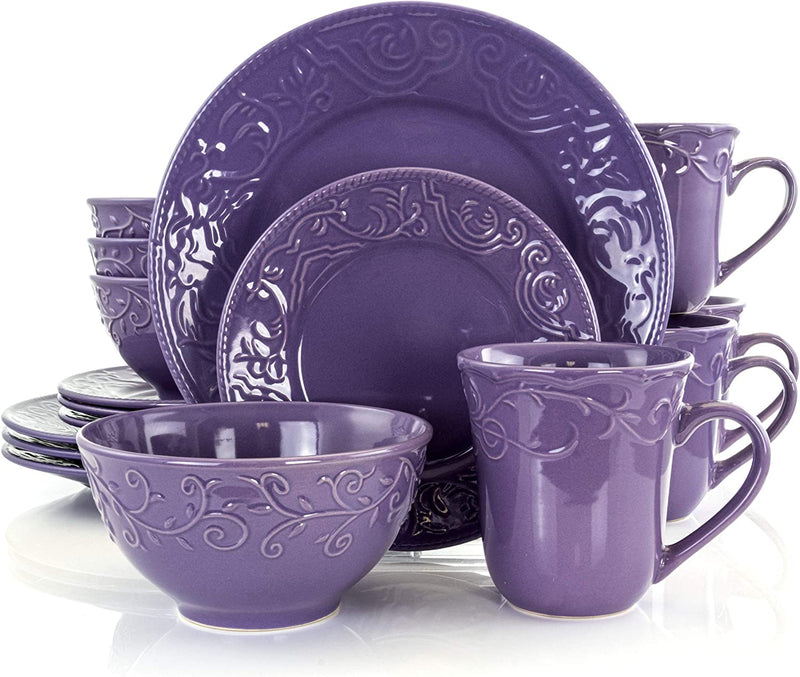 Elama Embossed Stoneware Elegant round Dinnerware Dish Set, 16 Piece, Lilac Purple Home & Garden > Kitchen & Dining > Tableware > Dinnerware Elama   
