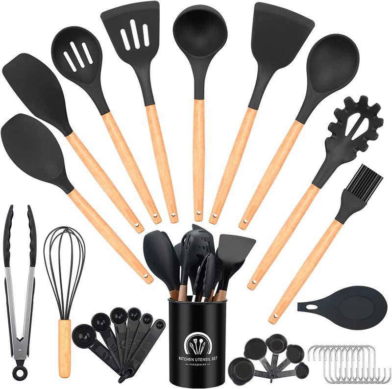 Cooking Utensils Set, Grandess 34 Pcs Wooden Handles Silicone Kitchen Utensils Set with Holder, Heat Resistant Kitchen Tools Gadgets Set with Turner Tongs, Spatula, Spoon, Brush, Whisk (Black Gray)
