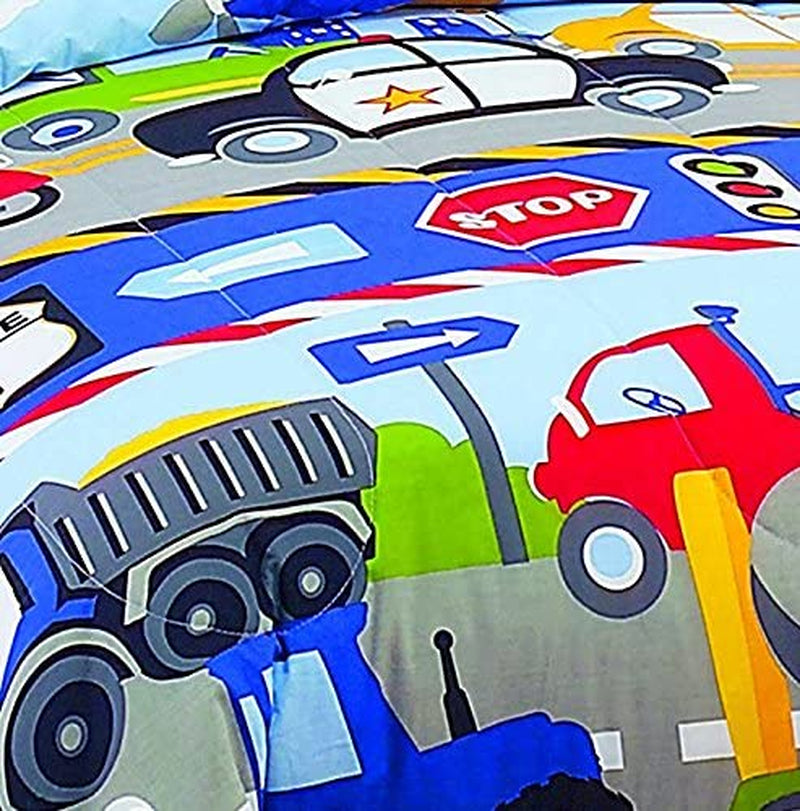 Dream FACTORY Trucks Tractors Cars Boys 5-Piece Bedding Comforter Sheet Set, Twin Blue Red Multi Home & Garden > Linens & Bedding > Bedding CHMJE   
