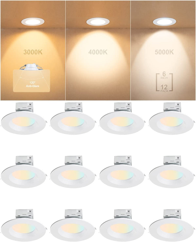 12 of Pack LED Recessed Lighting 6 Inch CRI90 3CCT 3000K/4000K/5000K LED Can Lights Dimmable Resseced Light Fixtures Can-Killer Downlight Ceiling Light, 1200LM Brightness Slim Pot Canless-Ic Rate Home & Garden > Lighting > Flood & Spot Lights Lightdot 5000k/4000k/3000k 6 inch downlight| 12 Pack 