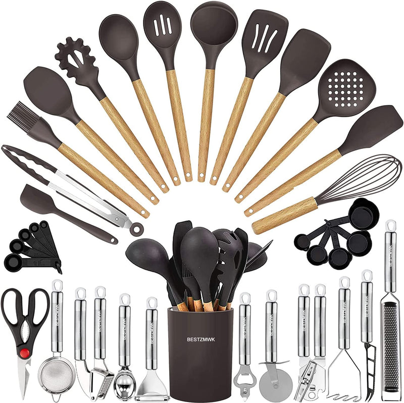 Kitchen Utensils Set- 35 Pcs Cooking Utensils with Grater,Tongs, Spoon Spatula &Turner Made of Heat Resistant Food Grade Silicone and Wooden Handles Kitchen Gadgets Tools Set for Nonstick Cookware Home & Garden > Kitchen & Dining > Kitchen Tools & Utensils BESTZMWK Dark Gray  