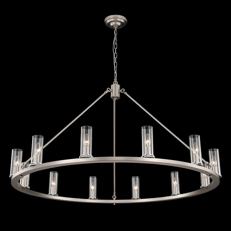 ARTROEE W47" Rustic Wagon Wheel Chandelier Farmhouse Large round Chandeliers Nickel Metal Rod Iron Light Fixture with Clear Glass Shades for High Ceiling Living Room Foyer Home & Garden > Lighting > Lighting Fixtures > Chandeliers ARTROEE   