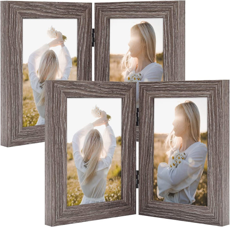 Frametory, 5X7 Hinged Picture Frame Displays 2 Photos, Double Frames with Glass, Side by Side Stands Vertically on Tabletop (Black) Home & Garden > Decor > Picture Frames Frametory Gray 4x6 (2-Pack) 