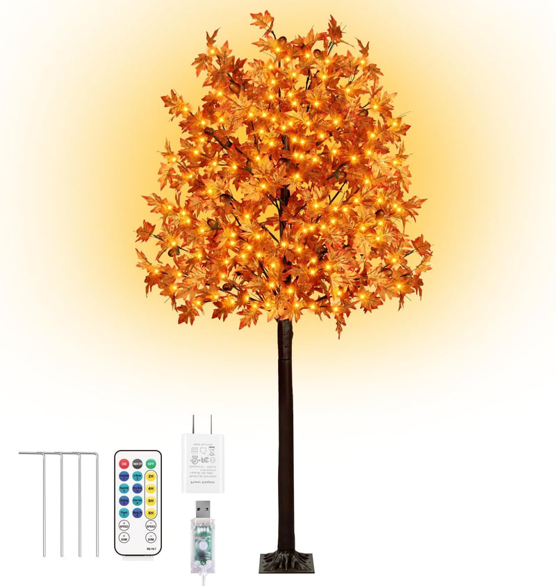 Fastdeng 5Ft Fall Maple Tree Light Thanksgiving Decorations, 90 LED Warm White Dimmable Timing Artificial Fall Tree with 8 Flashing Modes for Home Indoor Outdoor Autumn Thanksgiving Harvest Decor  FastDeng 7Ft 170Led Maple Tree  