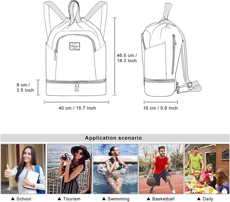 KAMO Drawstring Backpack Bag - Sport Swimming Yoga Backpack with Shoe Compartment, Two Water Bottle Holder for Men Women Large String Backpack Athletic Sackpack for School Travel