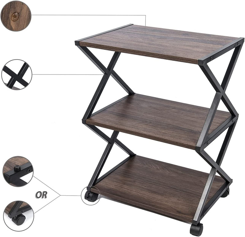 NOZE 3 Tiers Mobile Printer Stand Rolling Printer Cart with Wheels Industrial Machine Storage Shelf Wood and Metal Desk Printer Table for Home Office, Dark Walnut…