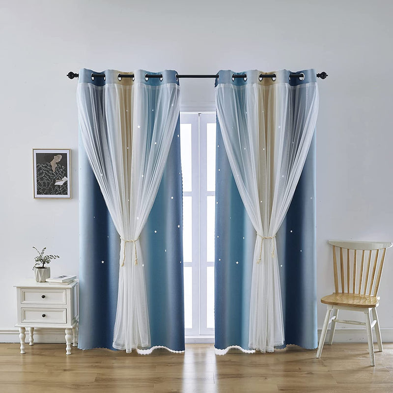 INDISTAR Star Blackout Curtains for Girls Kids Bedroom, Colourful Stripe Window Curtain Panels, 2 Layer Lace Drapes, Room Darkening Curtain for Living Room Decor, 2 Panels (Blue W52 X L63 Inch Home & Garden > Decor > Window Treatments > Curtains & Drapes Indistar Blue 52"W x 95"L 