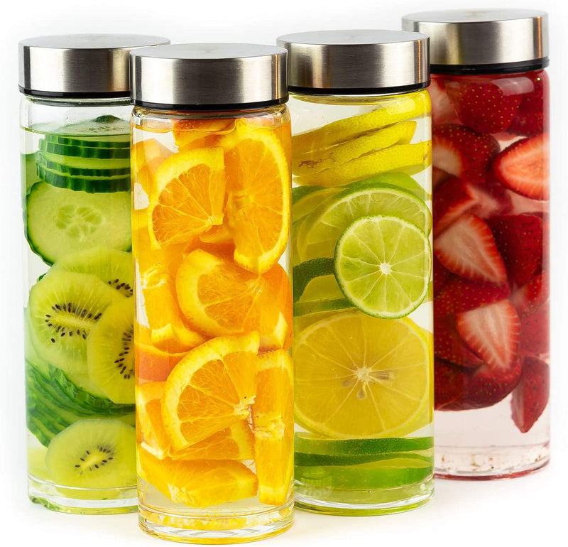 Juice Bottles - 4 Pack Wide Mouth Glass Bottles with Lids - for Juicing, Smoothies, Infused Water, Beverage Storage - 16Oz, BPA Free, Stainless Steel Lids, Leakproof, Reusable, Borosilicate Home & Garden > Decor > Decorative Jars All About Juicing   