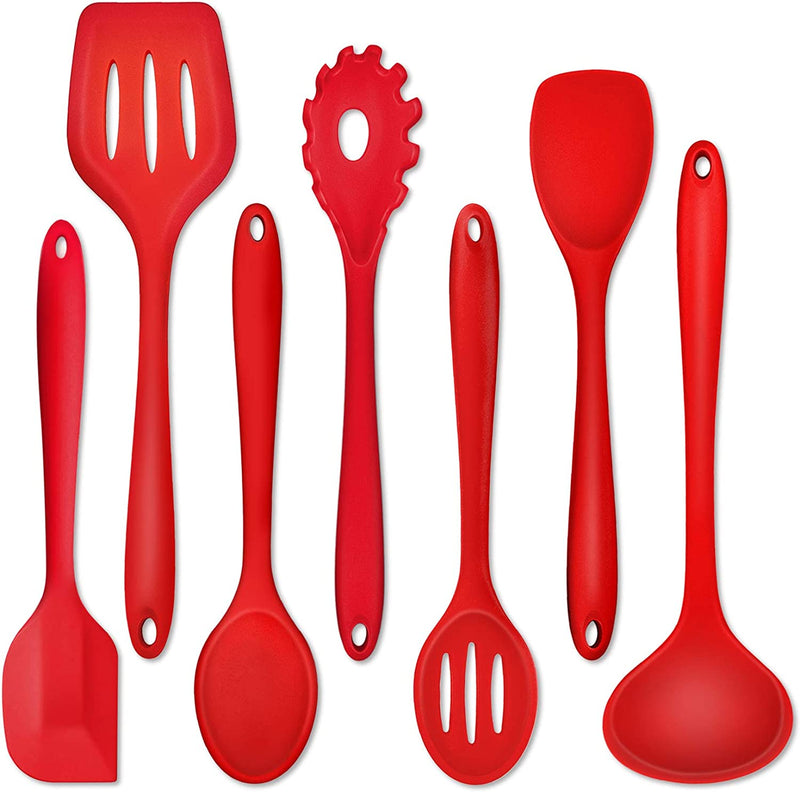 Kitchen Utensil Set of 7, P&P CHEF Silicone Cooking Utensils, Red Kitchen Tools Spatula Set for Nonstick Cookware Cooking Serving, Slotted Turner, Soup Ladle, Spatula, Pasta Server, Spoon